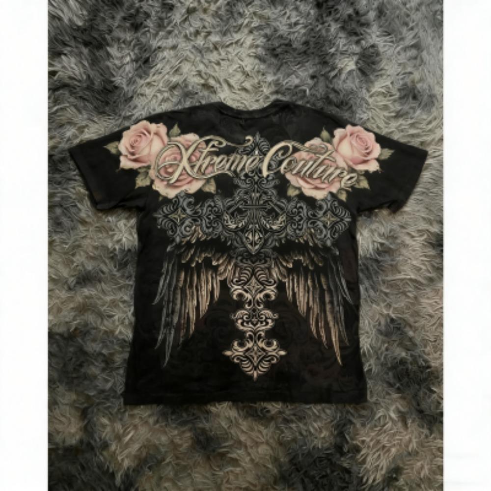 Summer Men's T-shirt Gothic Rose Cross Wing Print Tees Round Neck T-shirt Outdoor Street Style Top Casual Women's Clothing