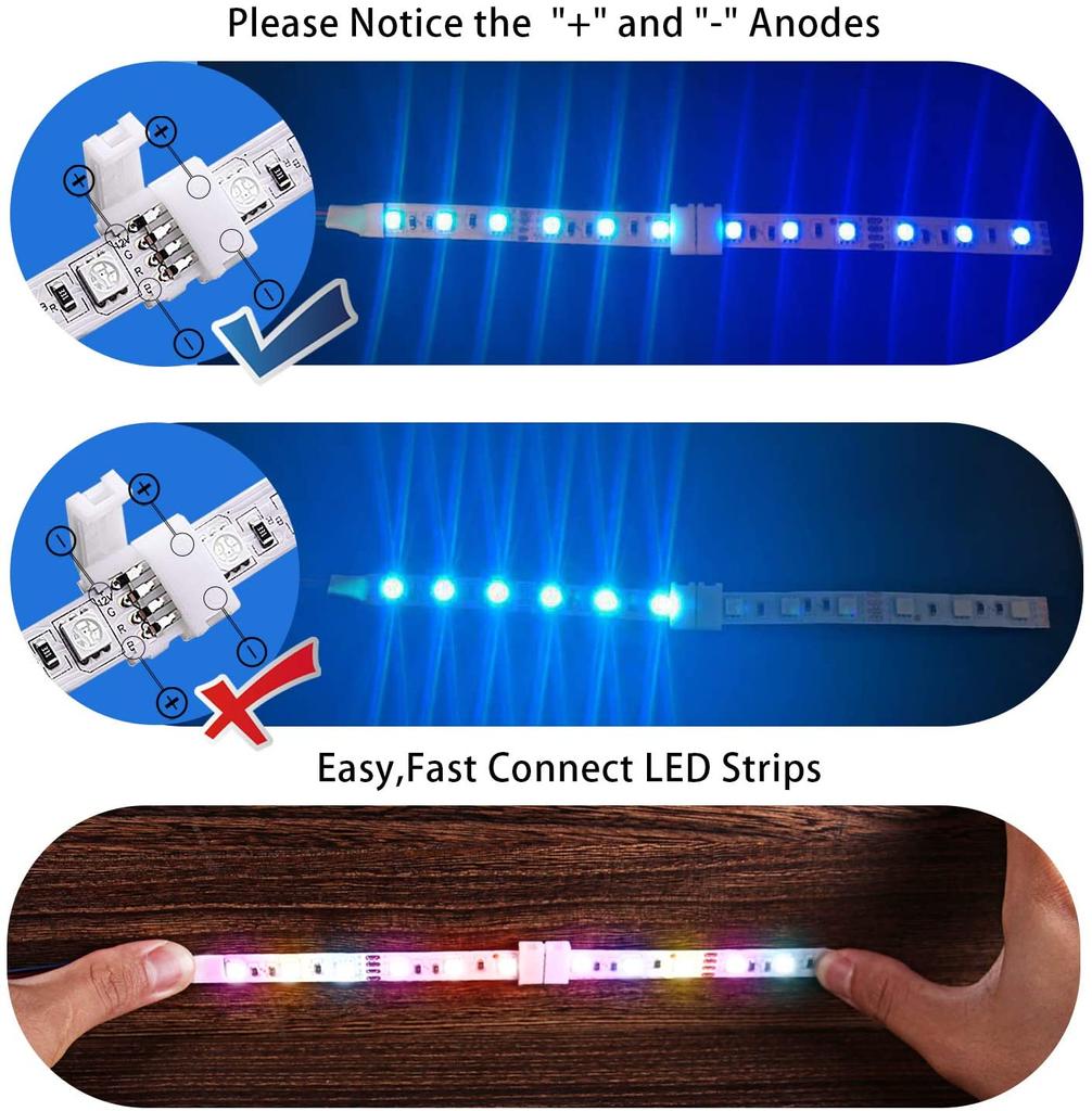 10/20/50PCS PBC Gapless Solderless Unwired 5050 RGB 10mm LED Light Strip Connectors 4-Pin