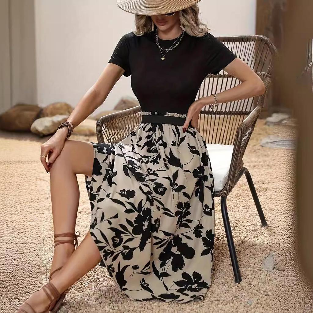 Женский комплект платья с круглым вырезом и цветочным принтом - Элегантный экзотический отпускной стиль для весны/лета 2025