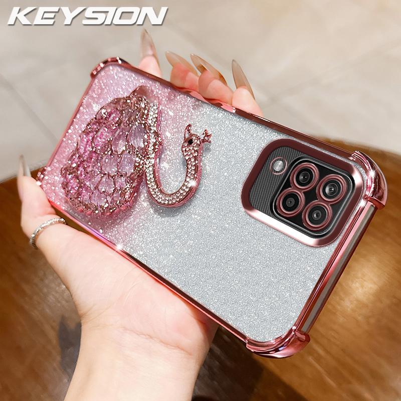KEYSION Ударопрочный чехол с покрытием для Samsung A12 A22 4G, прозрачный, мягкий ТПУ, с блестками, украшенный лебедем, с подставкой, задняя крышка для Galaxy M12