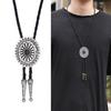 Western Bolo Tie Faux Leather Rope Necklace with Metal Flower Stone Pendant Cowboy Jewelry Necktie for Men and Women