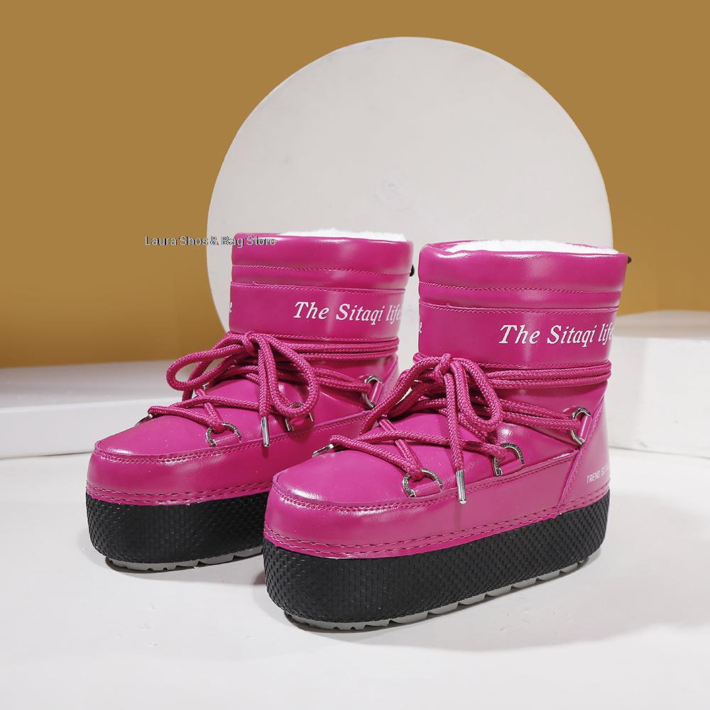 Модные зимние женские зимние ботинки для горных лыж для родителей и детей, водонепроницаемые ботинки до щиколотки, женские теплые плюшевые хлопковые ботинки на платформе и плоском каблуке