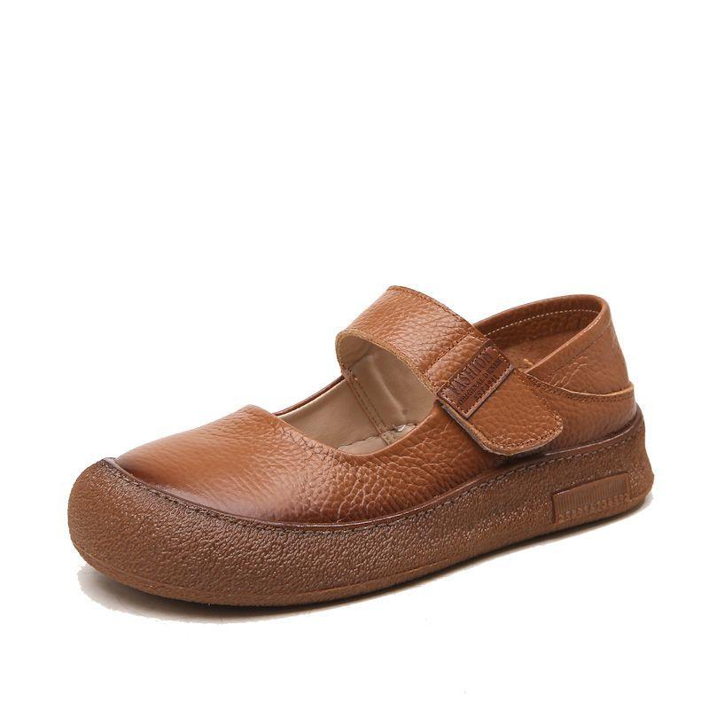 Fashion New Authentic Cow Leather Flats Woman Summer Mary Jane Shoes for Women Autumn Soft Strappy Loafer Ladies Daily Walk Shoes Travel