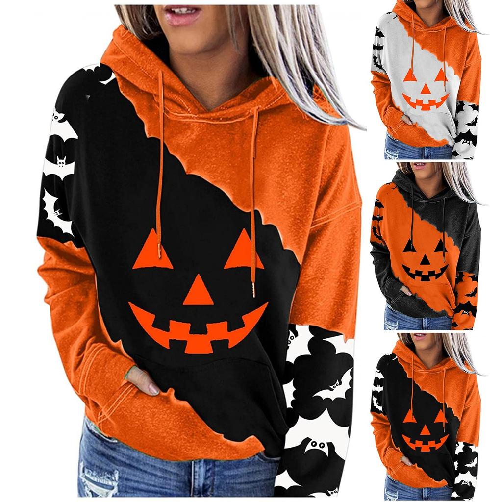 Women's Casual Fashion 2022 Halloween Print Long Sleeve Pullover Hooded Top