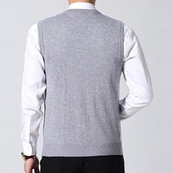 Men Vest Sweater V Neck Sleeveless Slim Fit Solid Color Knitted Pullover Slim Fit Mid Length Thickened Business Style Sweater