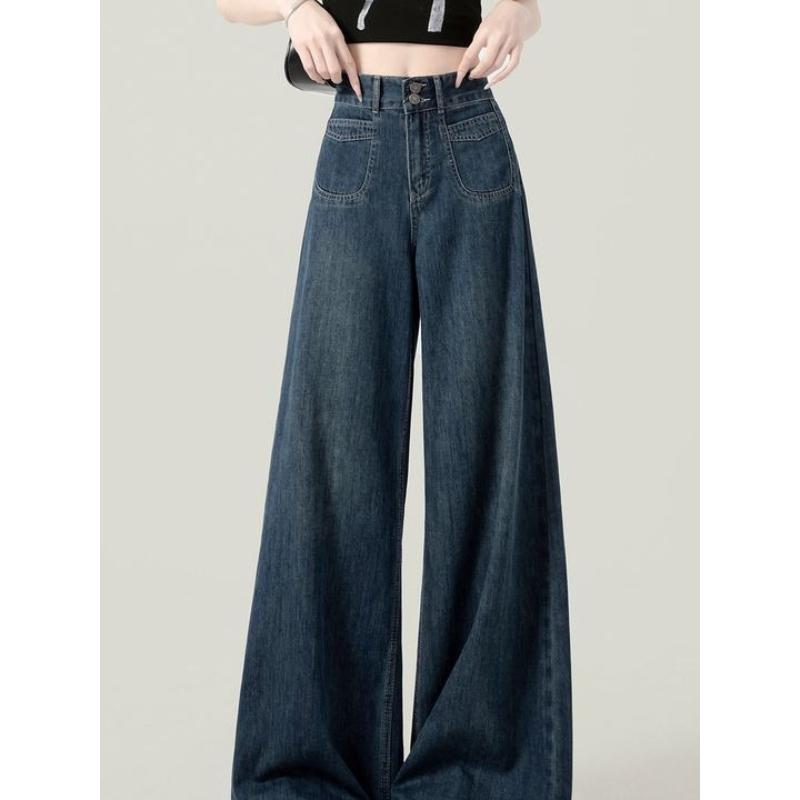 2025 темно-синие джинсы с высокой талией и широкими штанинами, женские летние универсальные утягивающие осенние свободные прямые брюки на весну и осень