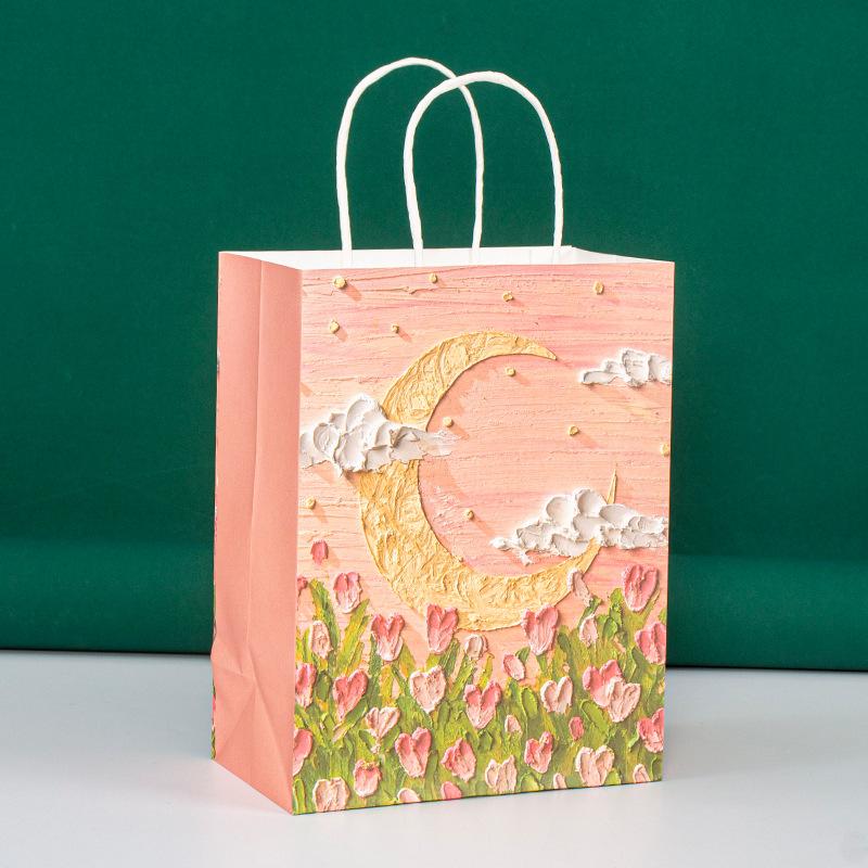 5pcs Kraft Paper Gift Bags Summer Holiday Gifts Bag Birthday Wedding Party Favor Bag Portable Gift Bag 3D Oil Painting Handbag