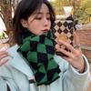 Green Rhombus Plaid Scarf for Women In Winter Japanese Style Versatile Student Thickened Warm Plaid Knitted Short Scarf Trendy