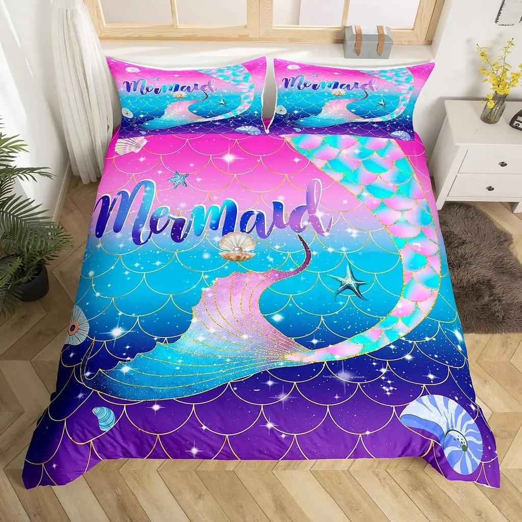 Mermaid Tail Duvet Cover Set, Colorful Scales Ocean Print Bedding, 3D Soft Microfiber Quilt Cover With Pillowcases