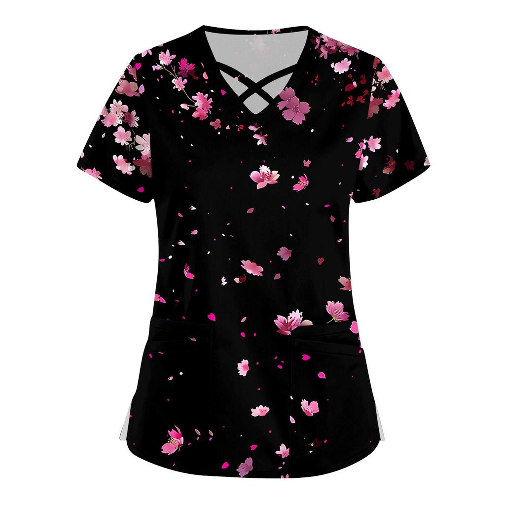 Women's Short Sleeve Stagger V Neck Print Pocket Dry-nurse Top