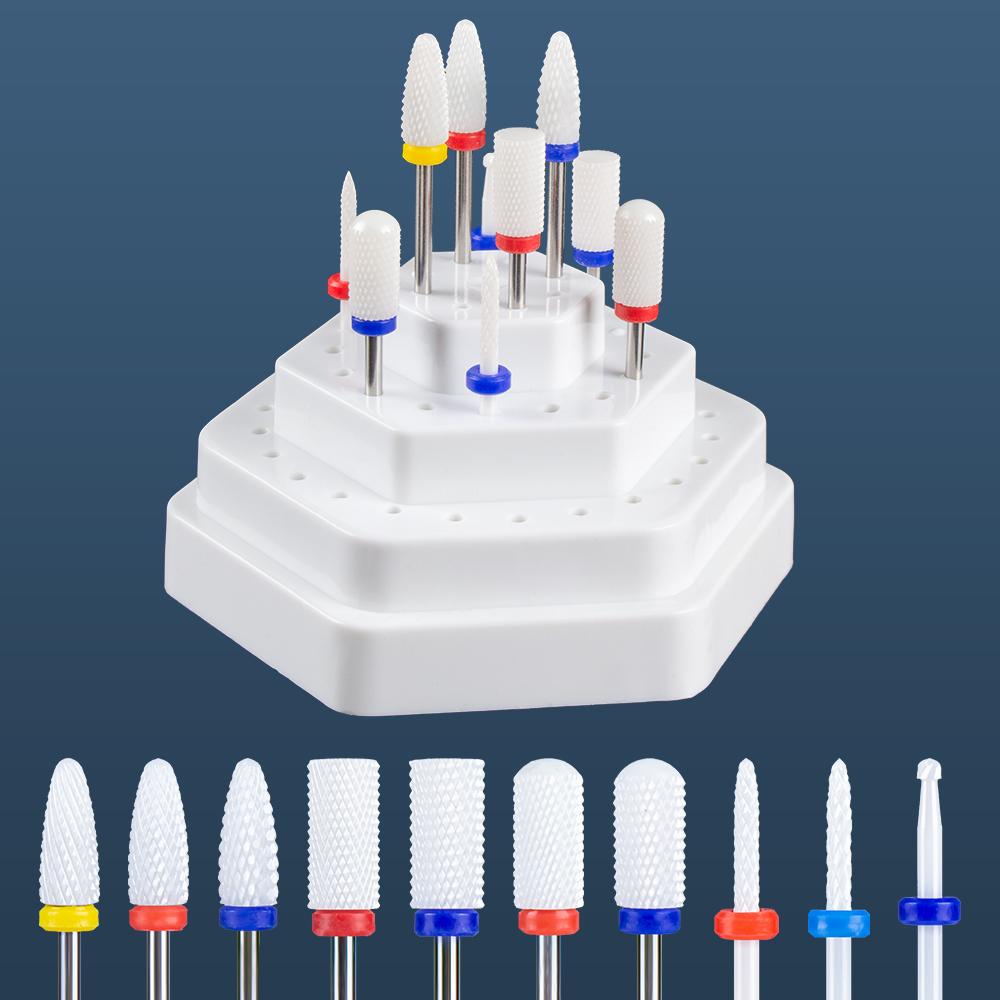 10pcs Ceramic Carbide Nail Drill Bits Set with Stand Holder Box Milling Cutter for Manicure Machine Removing Gel Nail Polish Bit