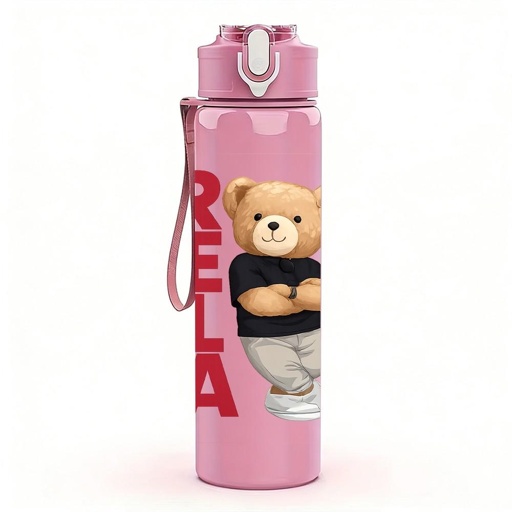 1PC RELA Teddy Bear Letter Graphic 750ml Color Plastic Sports Water Bottle Leakproof Flip Straw Lid Suitable for Sports Office Home Use