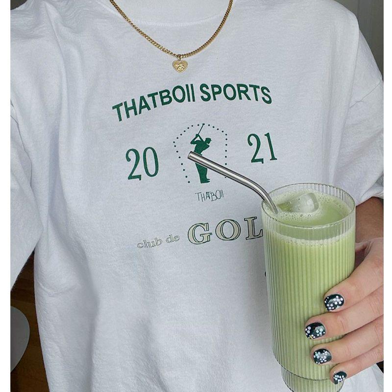 Theboll Sports American Retro Sports Golf Letter Fitness Print Round Neck Short Sleeve T-shirt
