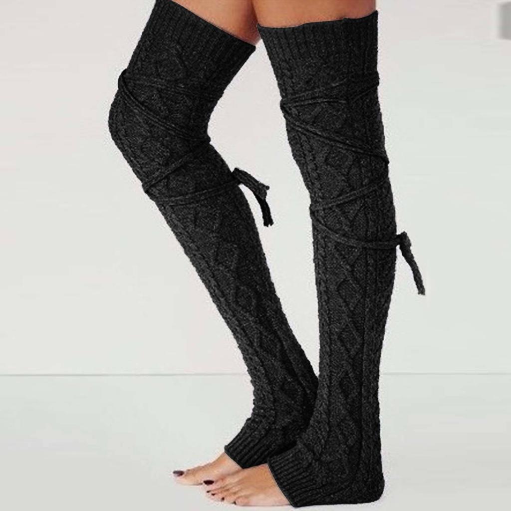 Женские шерстяные грелки для ног, осень/зима, однотонные чулки выше колена с завязками, средние носки, ворсовые носки