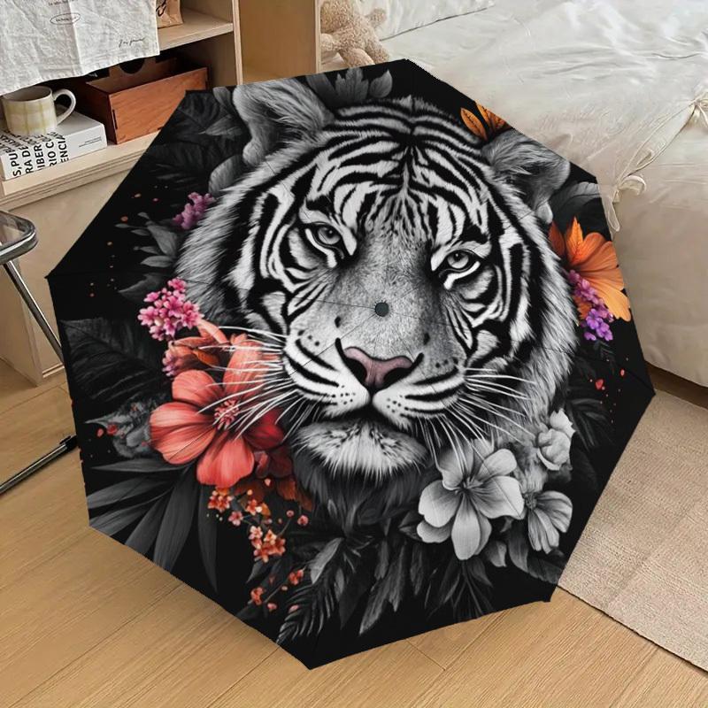 1pc Tiger Floral Decor Automatic Folding Umbrella - Compact 8-Rib Design,Perfect Gift for Friends & Family yy250926059