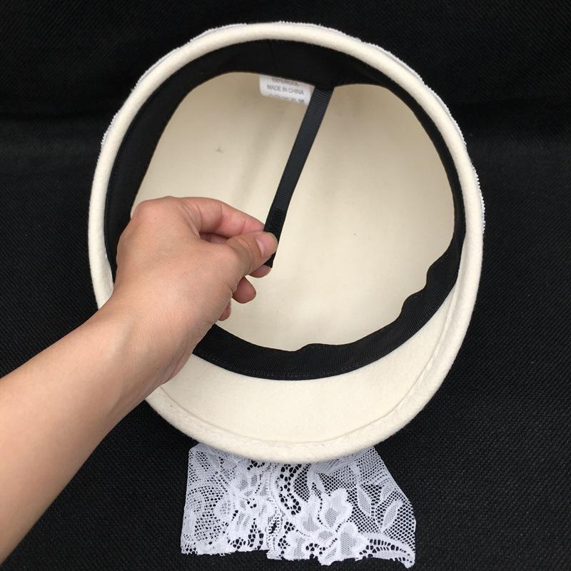 Французская ретро-белая шляпа из 100% шерсти, женская элегантная черная кружевная берет с цветочным принтом, французский свадебный шерстяной цилиндр, женская фетровая шляпа