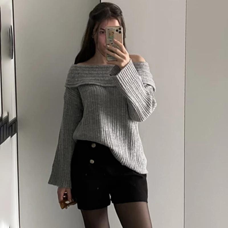 Свитер с открытыми плечами для женщин, осень-зима, свободный, с длинным рукавом, вязаный, женский, уличный, повседневный, большой, топ, пэчворк, свитера для поездок на работу, женские