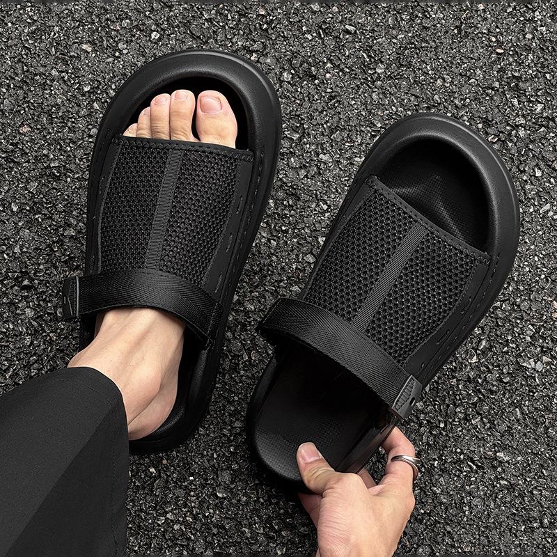 Мужские однословные сандалии носят дышащие мягкие подошвы повседневные универсальные модные пляжные туфли 471226 черный-J