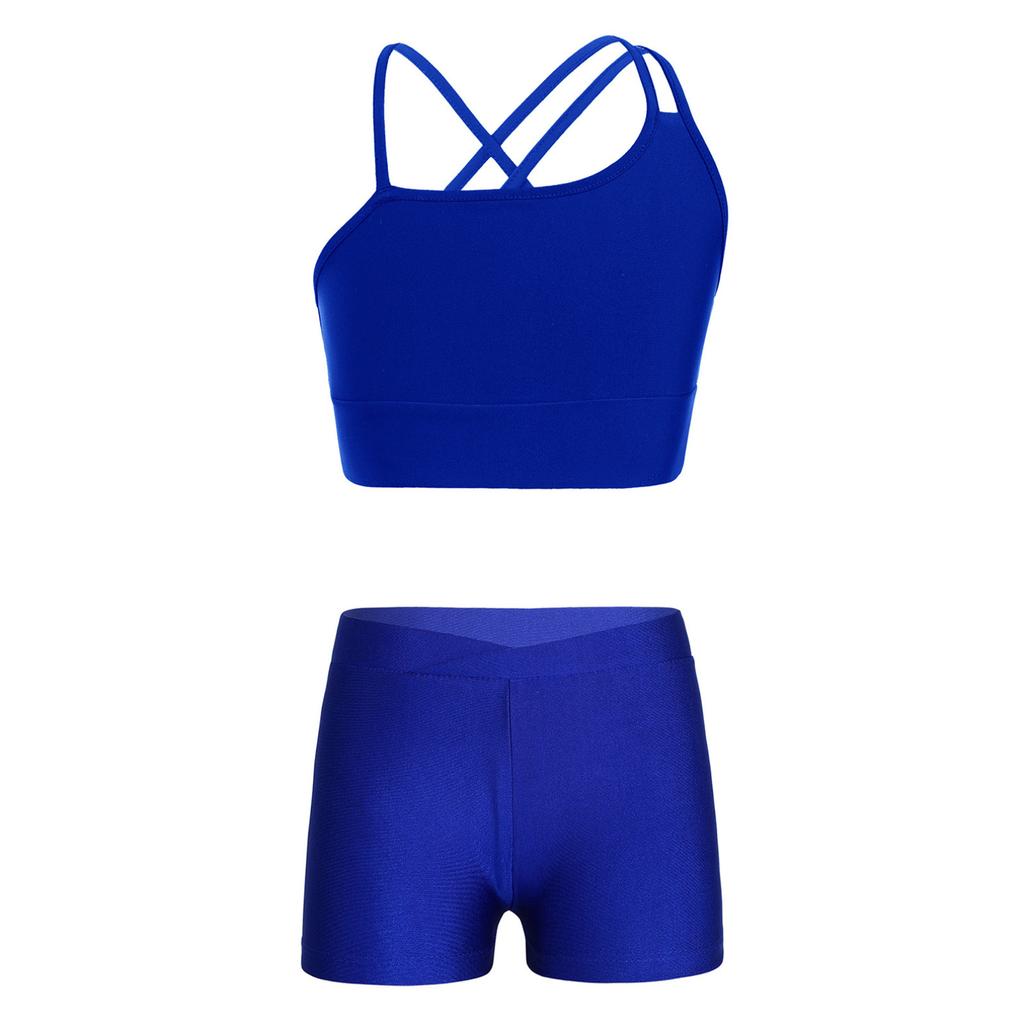 Kids Girls Asymmetrical Strappy Crop Top with Shorts for Sports Gymnastic Workout