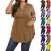 Women's Solid Color Large Size  V Neck Button-Up Top Casual Short Sleeve Flowy Top