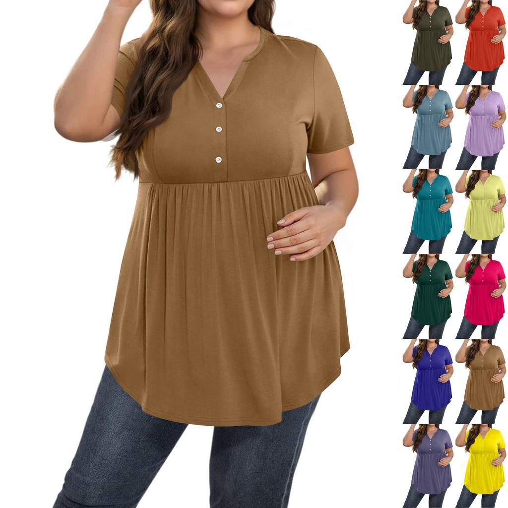 Women's Solid Color Large Size V Neck Button-Up Top Casual Short Sleeve Flowy Top