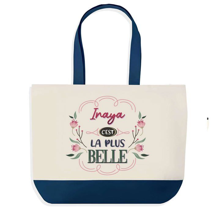 Tote bag - PLANETEE - Inaya la plus belle - fond bleu - coton 40x45 cm - grand format