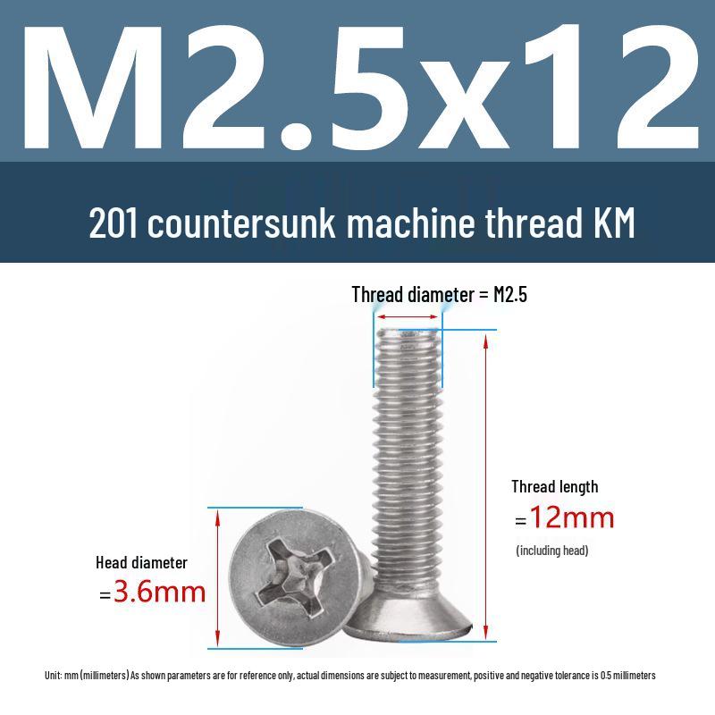 Stainless Steel Phillips Countersunk Machine Screws M2-M5, Flat Tail, Full Thread