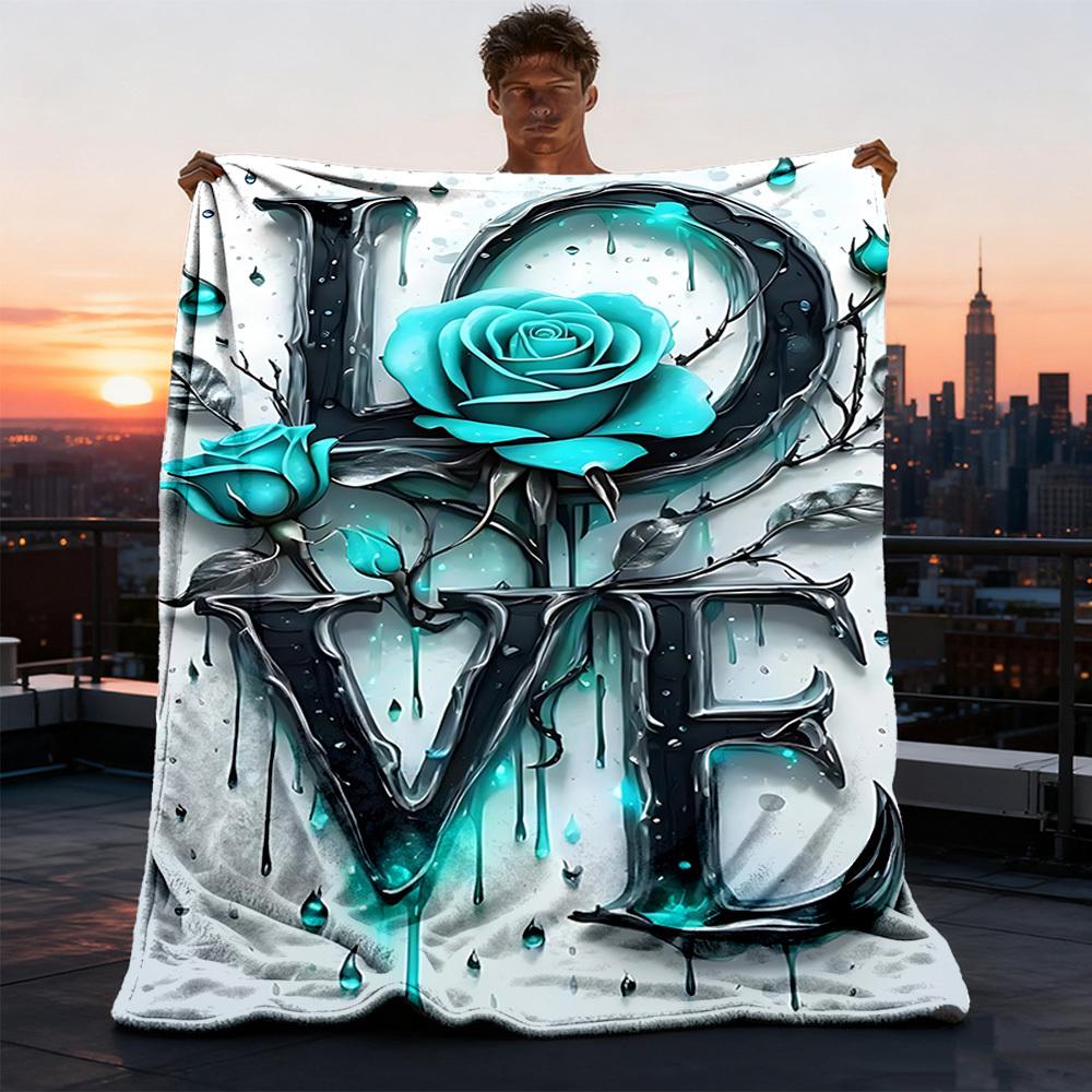 1pc Love Rose Outdoor Flannel Blanket Soft All Season Polyester Throw , Perfect for Picnics & Travel , Picnic Accessory