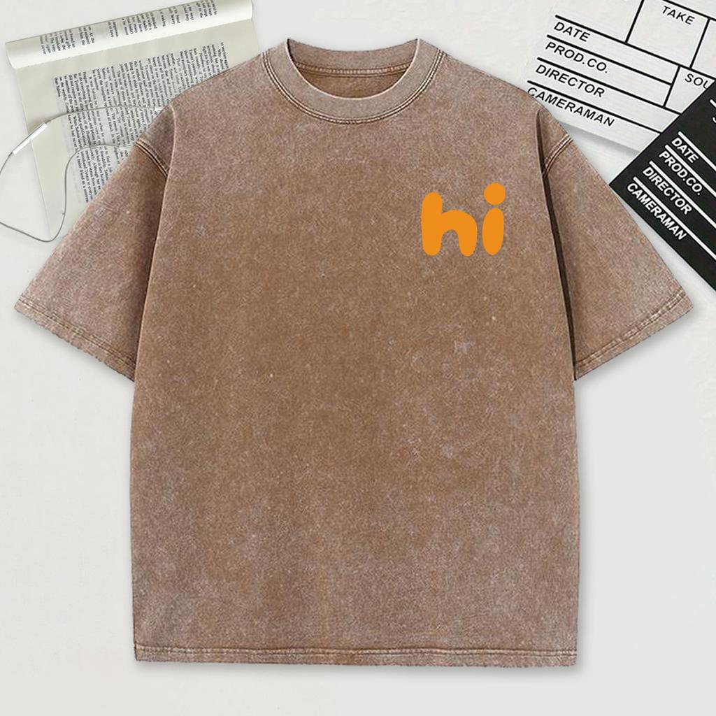 Оранжевый Маленький Нагрудный Значок Привет Принт Ретро Мужская Футболка Свободные Хлопковые Топы Мягкая Модная Выстиранная Футболка с Круглым Вырезом Спортивная Одежда