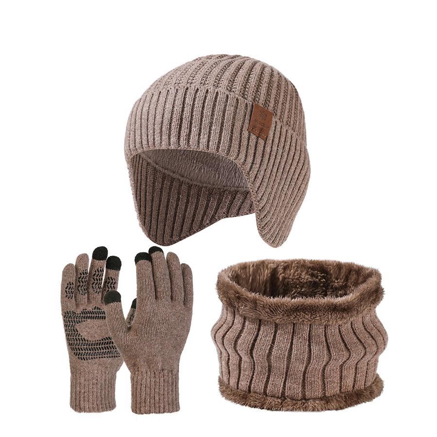 High Stretch Wool Hat Warm Hat Kit Scarf Gloves Three-Piece Set Men's Winter Outdoor Ear Protection Knitted Hat
