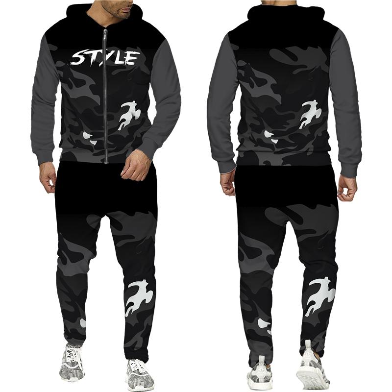 Весенне-осенний камуфляжный принт, мужские толстовки на молнии, брюки, костюм, уличная куртка с капюшоном в стиле милитари, спортивная одежда, спортивный костюм, комплект из двух предметов