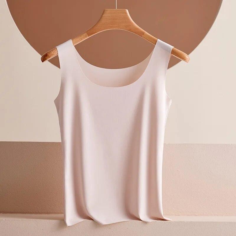 Летние тонкие бесшовные майки из ледяного шелка, женские облегающие майки без рукавов, повседневные майки, однотонные офисные женские жилеты, топ 30755
