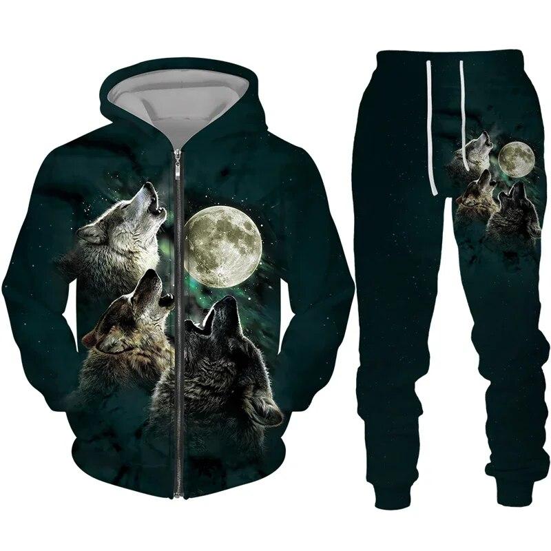 Красочный спортивный костюм с 3D принтом волка в стиле хип-хоп, уличная одежда, толстовки на молнии, костюм для мужчин, женщин, детей, повседневная толстовка с капюшоном, брюки, комплект для бега