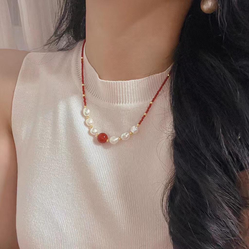 Vintage New Year's Red Pigeon Blood Red Natural Chalcedony Agate Baroque Pearl Necklace Collarbone Chain