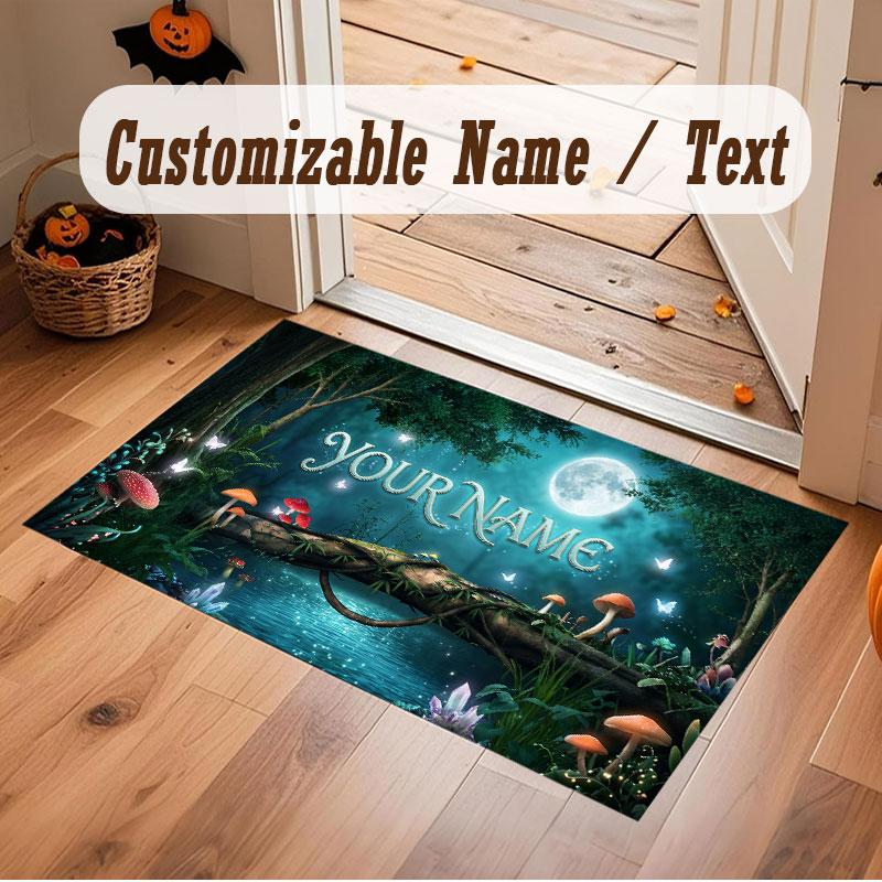 Mushroom Forest Theme Crystal Velvet Floor Rug Personalized Custom Name Text Warm Carpet Home Decoration
