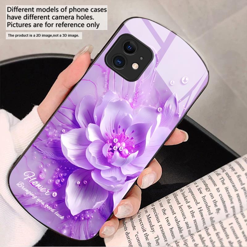 Цветущие синие цветы Для iPhone 17 16 15 14 13 Plus 12 mini 11 Pro Max XR Xs Max X 7 8 6S 22 20 Эллиптический стеклянный чехол для телефона