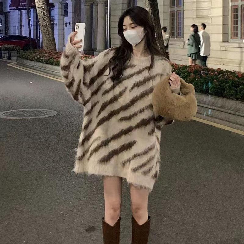 Корейский теплый свитер с леопардовым принтом, верхняя одежда, осенне-зимняя свободная одежда с напуском, мягкий клейкий свитер средней длины, женский пуловер