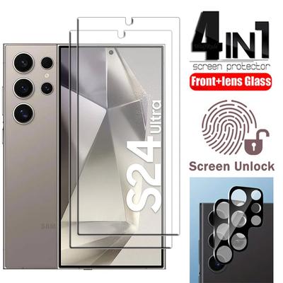 4в1 [разблокировка по отпечатку пальца] 2 шт. Защитная пленка для экрана Закаленное стекло 2 шт. Стекло объектива для Samsung Galaxy S24 / S24+ / S24 Ultra / S23 S23+ S22 5G S21 Plus