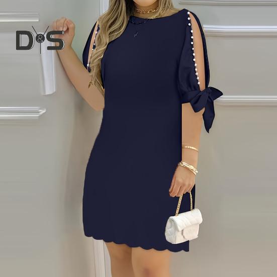 Женское платье с открытыми рукавами три четверти и круглым вырезом, сплошной цвет, мягкое дышащее свободное платье длиной до колена с декором из бисера, женское платье миди для поездок на работу