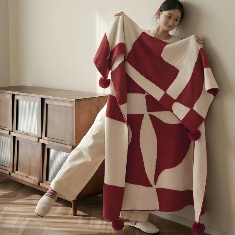 LISM Christmas Red Semi-Velvet Geometric Throw Blanket