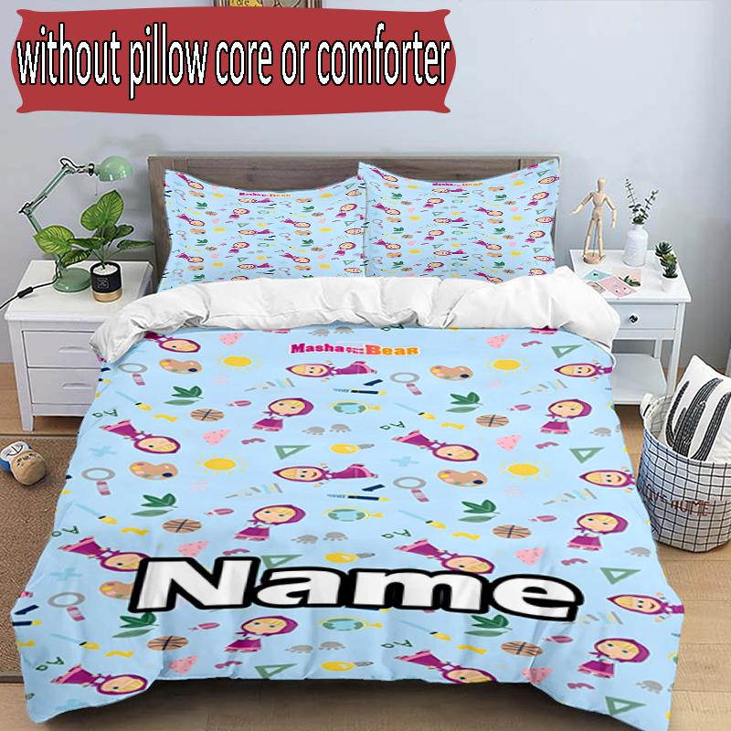3pcs Duvet Cover Set (1*Duvet Cover + 2*Pillowcase, Without Core), Custom Name Masha and The Bear Pattern Bedding Set, Home Bedroom Decor Gift
