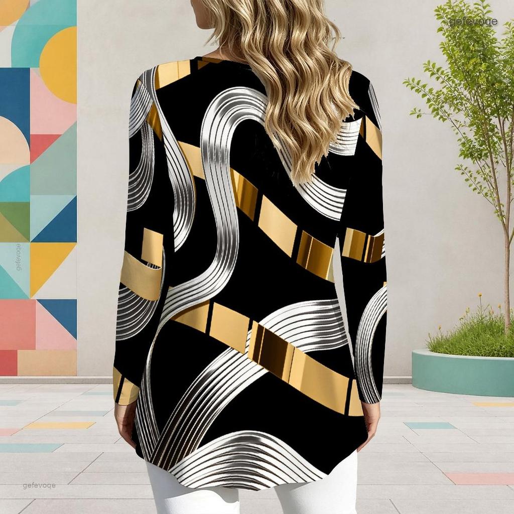Women Plus Size Red Blue Printed Keyhole Ring Neck Long Sleeve Flared Hem T Shirt