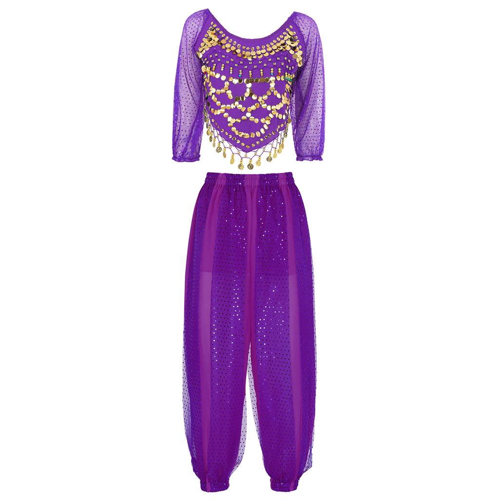 Женский костюм для танца живота, расшитый блестками шифоновый топ с шароварами, завязывающийся сзади дизайн для сценических выступлений