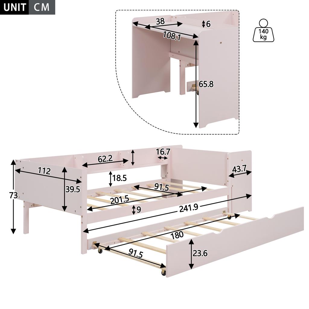 Low Bed 90*200cm, with Pull-out Bed, with Desk, Three Shelves on the Side of the Bed, Pink