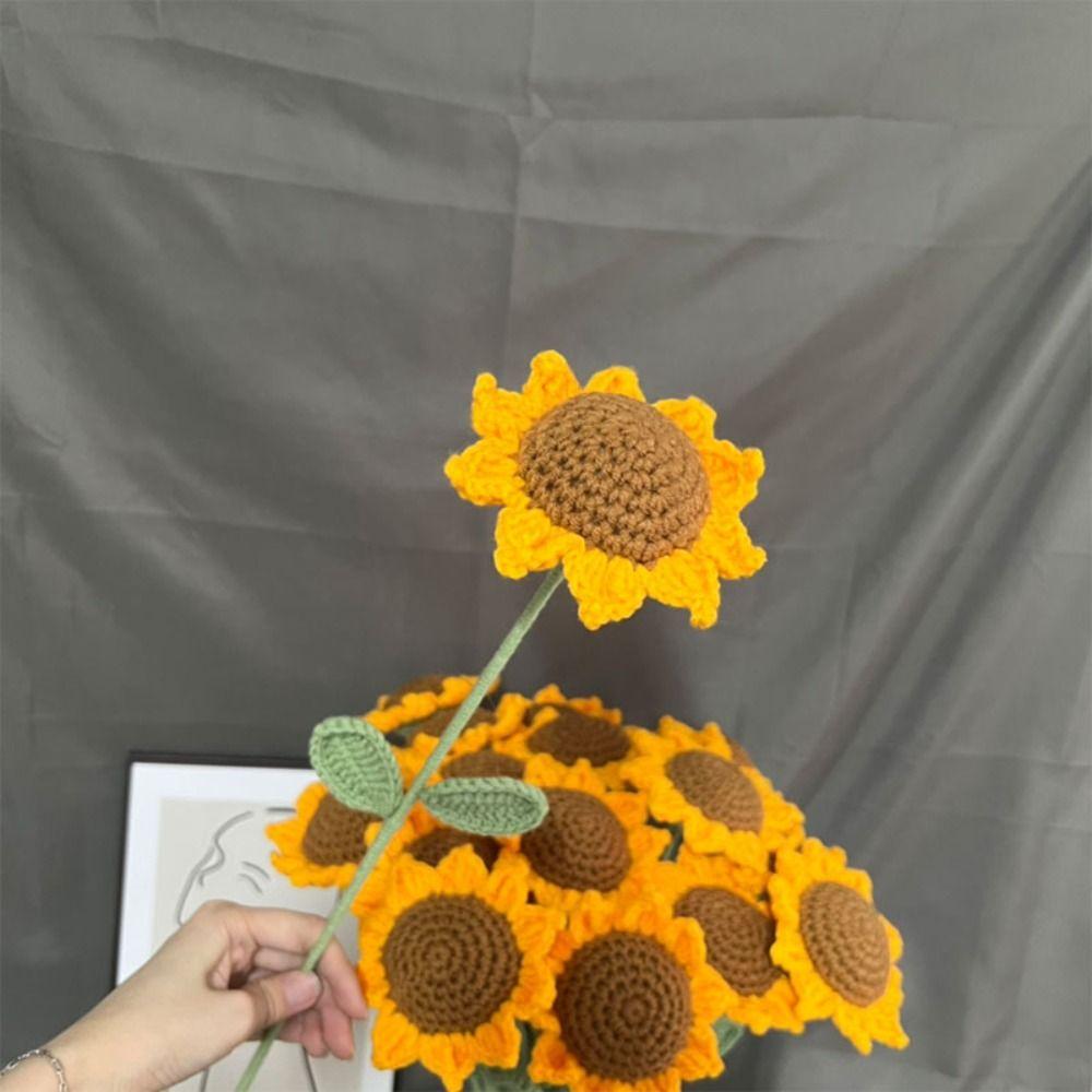 House DIY Finished Product Sunflower Bouquet Vase Ornament Knited Flower Table Fake Flowers