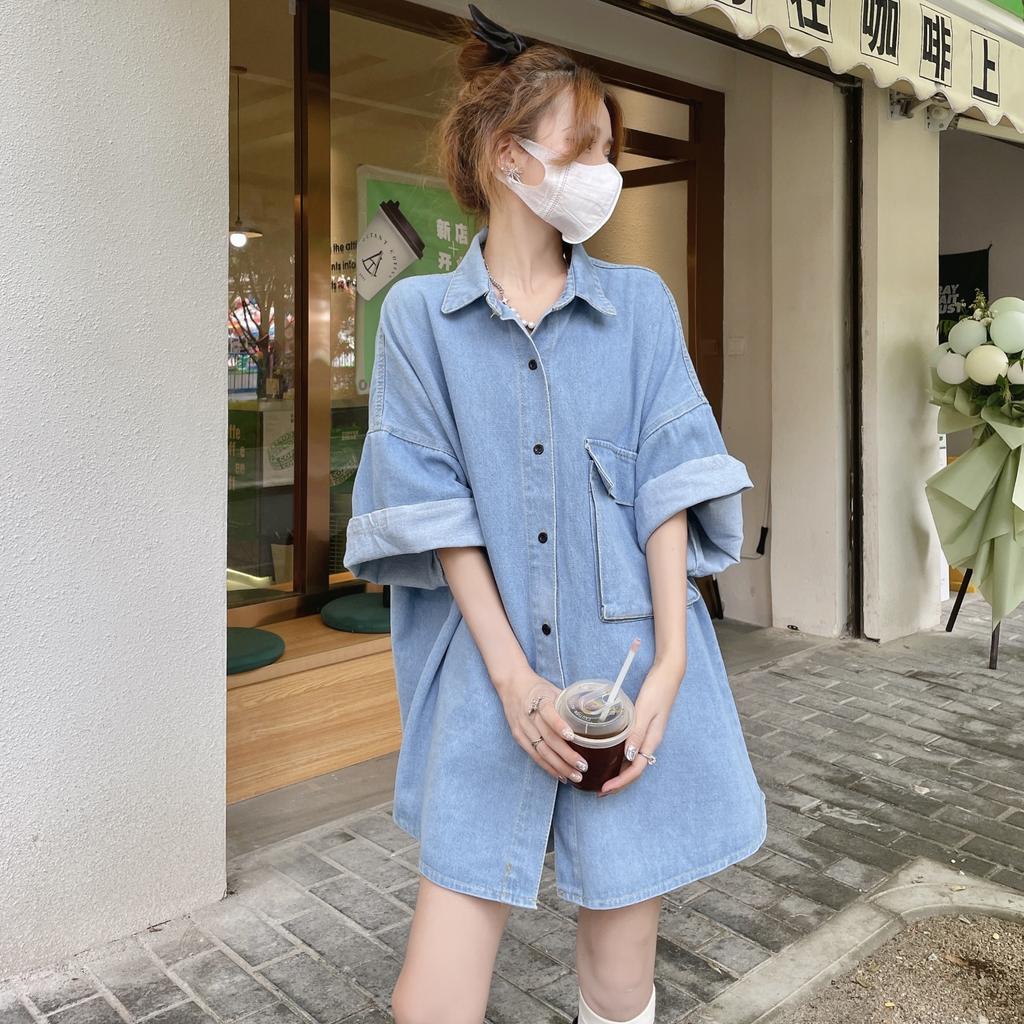 Women Fashion Casual Jeans Shirt Turn Rolled Up Long Sleeve Down Collar Denim Jacket with Pockets