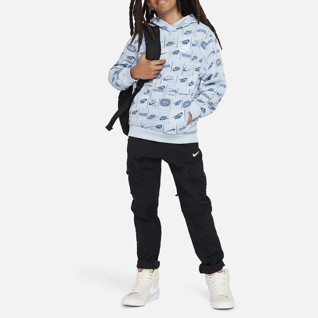 Nike Hoodie All Over Print Design Thin Fleece Loose Fit Long Sleeve Kids Hoodies Blue FN8741-440