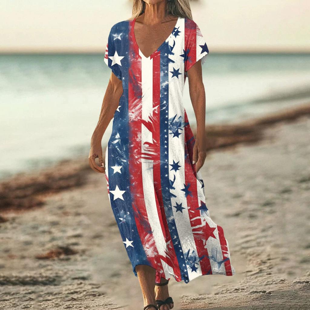 Flag Dress for Women 4Th Of July Dresses for Women Patriotic Dress Usa Dress with Star Print Loose Fit Summer Style