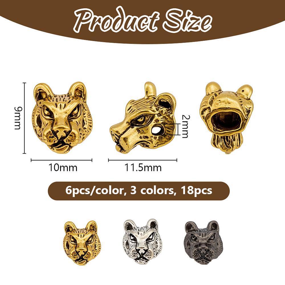 1set 18pcs 3 colors  style Alloy Beads Tiger Head Mixed color 11.5x10x9mm Hole: 1.6~1.9mm 6pcs/color