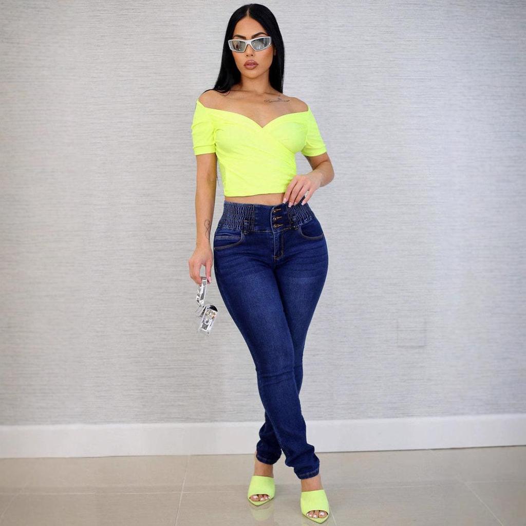 Женские джинсы с высокой талией, стройнящие, большого размера, с пуговицами, скинни